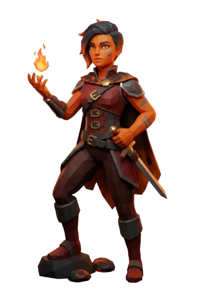 Ilustração de uma Cineral com uma chama na mão e uma espada curta na cintura.